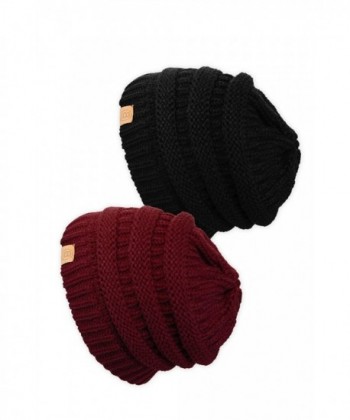 BASICO Unisex Adult Warm Chunky Soft Stretch Cable Knit Beanie Cap Hat - 2pk Black/Burgundy 101 - CN12MY4G0QV