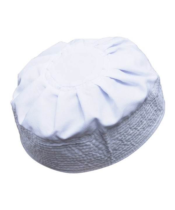 TheKufi White Cotton Pleated Top 3.5in Tall Fabric Kufi Prayer Cap Beanie - CS12NTM08FS