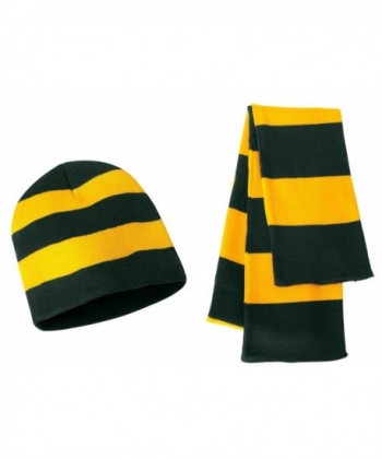 Knit Collegiate Rugby Stripe Winter Scarf & Beanie Hat Set - Assorted Colors - Forest/Gold - CZ119VEI18L