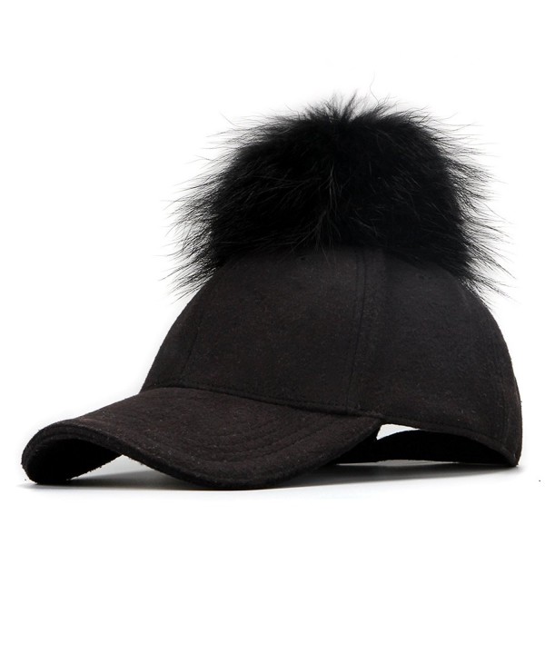 FURTALK Adjustable Large Real Fur Pom Pom Baseball Cap Snapback Wool Hat - Black - CW12J77JAH1