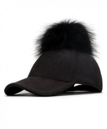 FURTALK Adjustable Large Real Fur Pom Pom Baseball Cap Snapback Wool Hat - Black - CW12J77JAH1