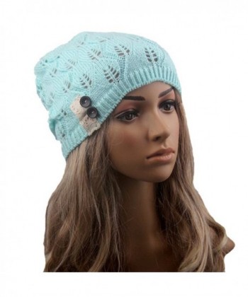 Tinksky Women Winter Warm Knit Hat Snow Ski Caps Lace Button Leaves Hollow Out Knitting Hat (Green) - CI12MAF38UH
