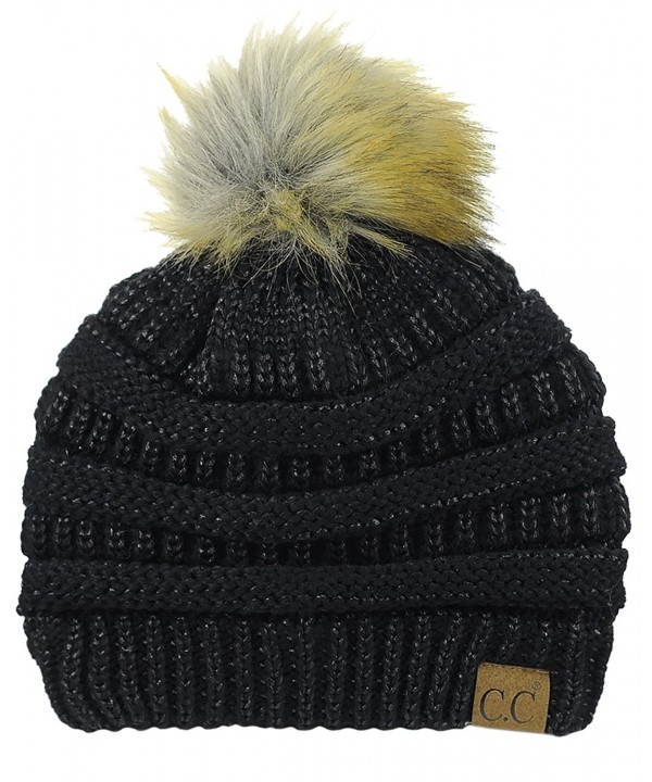 NYFASHION101 Exclusive Soft Stretch Cable Knit Faux Fur Pom Pom Beanie Hat - Black Metallic - CI1875CXRQ2