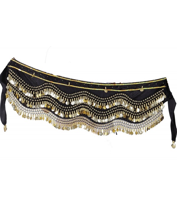 ZLTdream Women's Belly Dance Wave Shape Hip Scarf With Silver Coins - Black-Gold - CX1880762SU