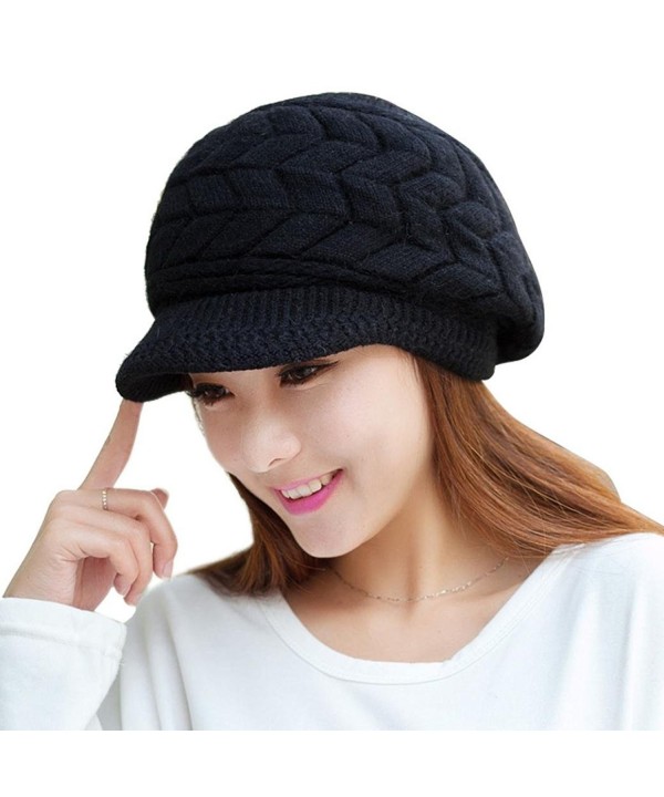 Women Fashion Winter Skull Beanies Knitted Hats Cap Snow Ski With Visor - Black - CP188N7YA89