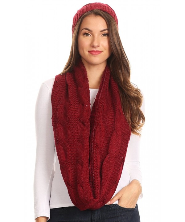 Sakkas Olliey Long Wide Classic Cable Knit Fur Lined Infinity Scarf And Hat Set - Burgandy - CC1836TL2H2