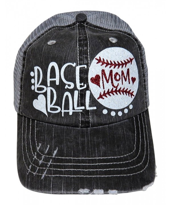 Glitter Baseball Mom Heart Distressed Look Grey Trucker Baseball Cap Sports - White/Red Glitter - CY17YUUWTZM