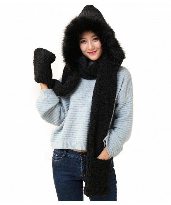 Winter Warm Women Siamese Hoodie Gloves Pocket Earflap Hat Long Scarf Shawl Wraps - Black - CI127M2H1W5