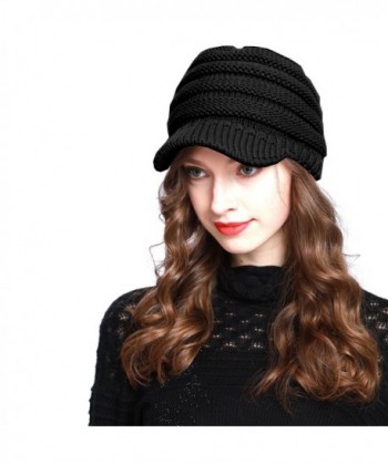 BV2311 Cable Ribbed Knit Beanie Hat w/ Visor Brim - Chunky Winter Skully Cap - Black - CD12MZFO7HO