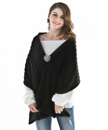 Aukmla Women's Knitted Scarf Pashminas and Shawls Poncho with Brooch - Black - C7186T0H6RL