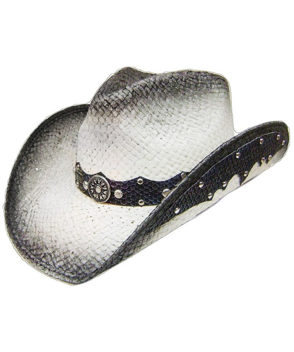 Modestone Straw Cowboy Hat Leather-Like Appliques Grey - C5182E3LS5Z