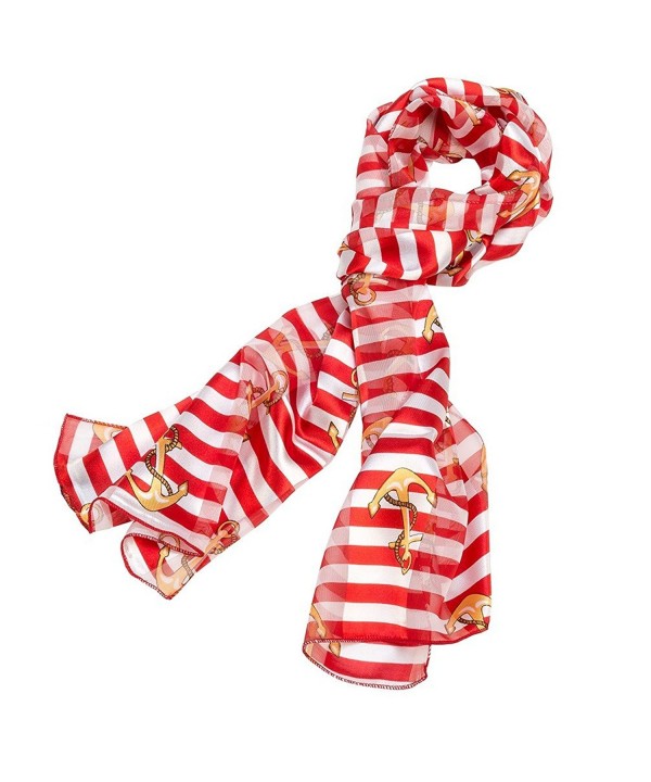 Blue or Red and White Stripe with Gold Anchor Pattern Silk Feel Scarf - Red Anchor - CK11K515E1B
