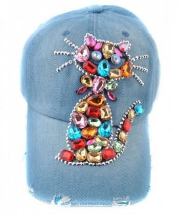 Elonmo Cute Big Crystal Cat Baseball Cap Jewel Rhinestone Bling Hats Jeans Wash Denim - CC11YMOBR4F