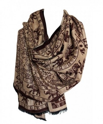 Indian Elephant Print Warm Fleece Cashmere Blend Wrap Shawl Scarf Stole Head Hijab - Brown Beige - CO129DNG0WN