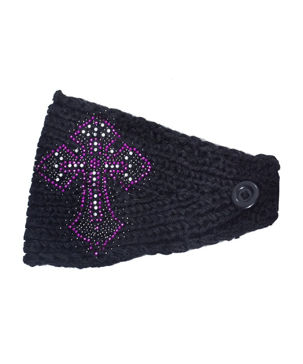 Cute Winter Rhinestones & Cross Ear Warmer Headband- Adjustable Knit Headwrap - Black - CU11RKME8TH