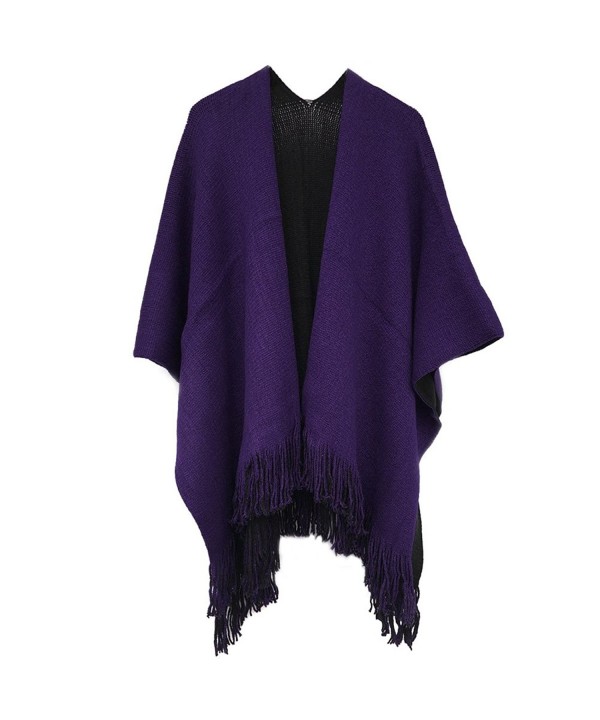 Kocome Women Blanket Oversized Scarf Wrap Long Knit Shawl Poncho Tassel Fringe - Black+purple - CE12O2RGRED