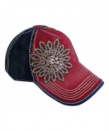 Olive & Pique Large Rhinestone Flower Bling Two-Tone Baseball Cap - Red Navy/Clear - CX12LDXBYU9