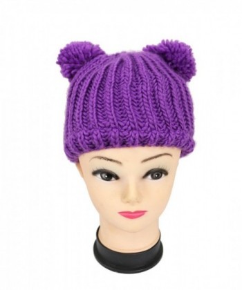 Bazzaara Women Beanie Knitted Knit Warm Ski Crochet Slouch Hat Cap Cat double poms + Fashion tie - Purple - C612NZB4HS7