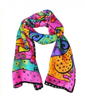 Wrapables Vibrant 100% Silk Long Scarf 51" x 10.5" - Fuchsia Cats and Dogs - C711G9RF6H7