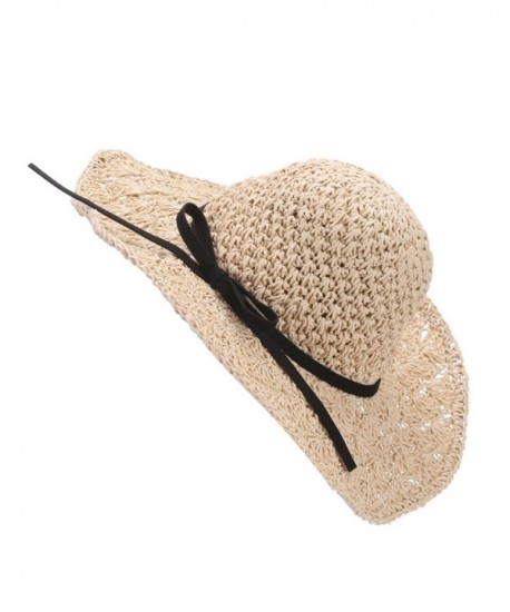Beach Sun Hat- METFIT Women Fashion Foldable UV Bowknot Large Brim Summer Straw West Cowboy - Beige - CA17YLG8H20