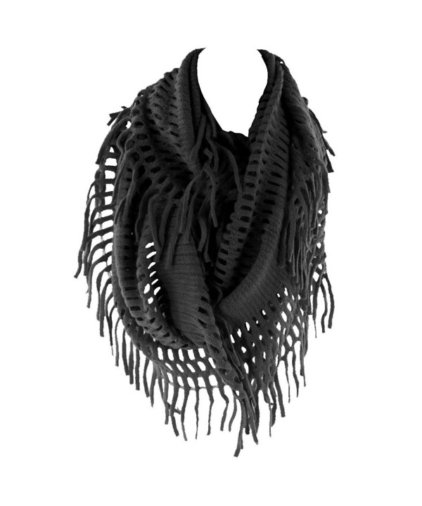 Crochet Fringed Infinity Circle Loop Figure Eight Endless Scarf Wrap By Silver Fever (Black-Wide) - CJ11G7BG8GD