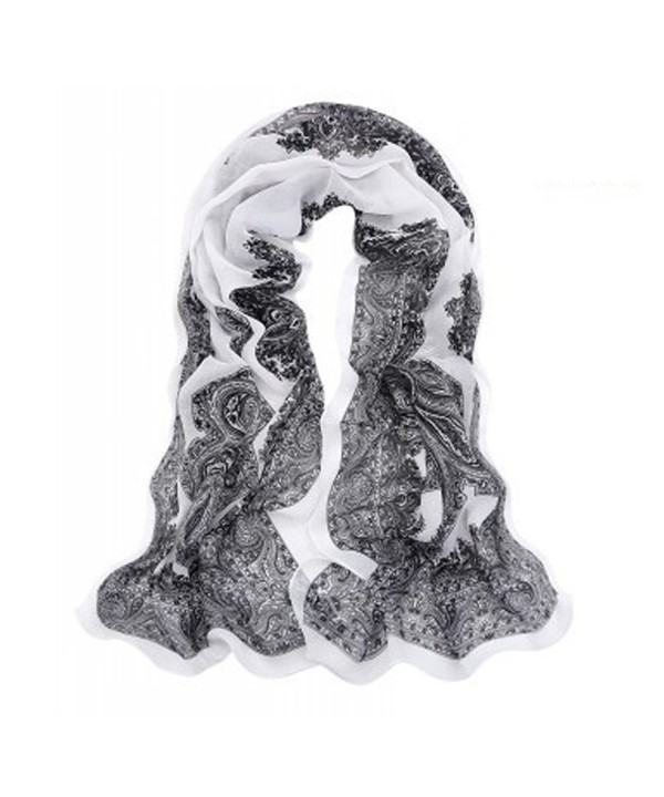 Women's Vintage Ethnic Style Long Soft Scarf Chiffon Wrap Shawl Stole Scarves - White Base + Grey - CD12NS1OLTV