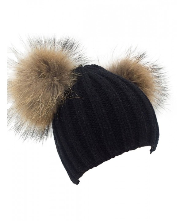 Women's Knitted Raccoon Fur Double Pom Beanie Hat Black CR12NZ306WL