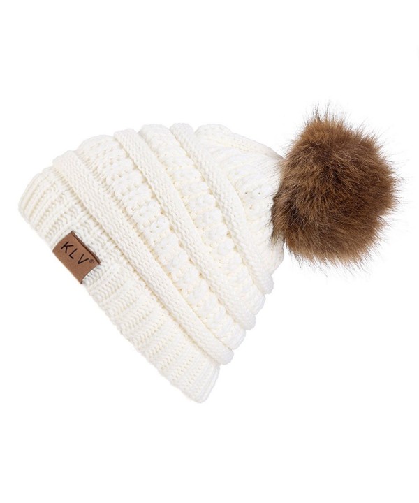 Sanxin Winter Adult Unisex Knitted Winter Warm Large Faux Fur Beanie Bobble Pom Ski Snow Hats - White - C6187K92R48