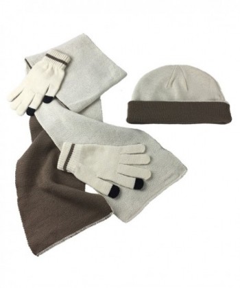 N'Ice Caps Adults Unisex Reversible Knit Hat/Scarf/Touchscreen Glove Set - Winter White/Brown - CF184L560ZI
