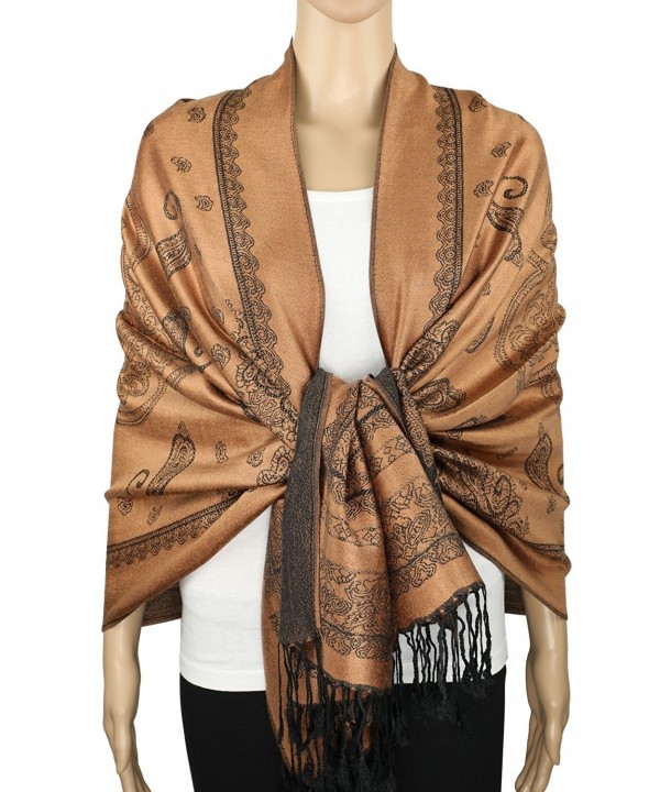 Achillea Elegant Reversible Paisley Pashmina Scarf Wrap Shawl for Evening Dress - Camel/Black - C51865KR23T