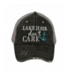 Katydid Lake Hair Don't Care Women's Distressed Grey Trucker Hat - Teal Anchor - CB12IWI54YP