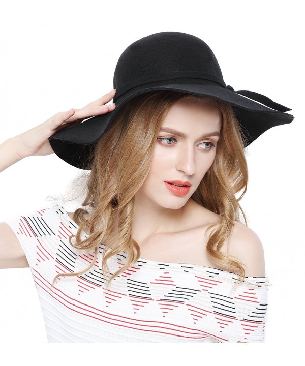 Women 100% Wool Wide Brim Cloche Fedora Floppy hat Cap - Black - CP120G8N40F