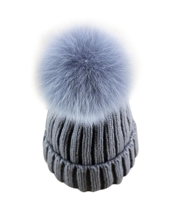 Dikoaina Womens Girls Knitted Fur Hat Real Large Silver Fox Fur Pom Pom Beanie Hats - Grey With Grey Pom - CL12NTJNEV4