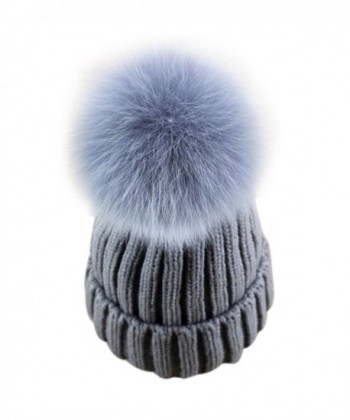 Dikoaina Womens Girls Knitted Fur Hat Real Large Silver Fox Fur Pom Pom Beanie Hats - Grey With Grey Pom - CL12NTJNEV4