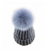 Dikoaina Womens Girls Knitted Fur Hat Real Large Silver Fox Fur Pom Pom Beanie Hats - Grey With Grey Pom - CL12NTJNEV4