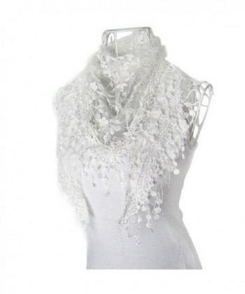 Luweki Fashion Lace Tassel Sheer Burntout Floral Print Triangle Mantilla Scarf Shawl - White - CS12MZ61LX4