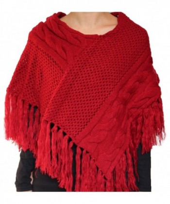 Light Weight Stylish Twist Cable Knit/Knitted Fringe Poncho/Cape/Capelet Red - CB11H2FPKAH