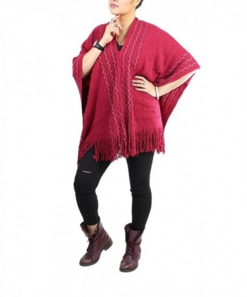 V-Neck Poncho with Tassels and Metallic Threaded Braids - Dark Red - CA1261FX353