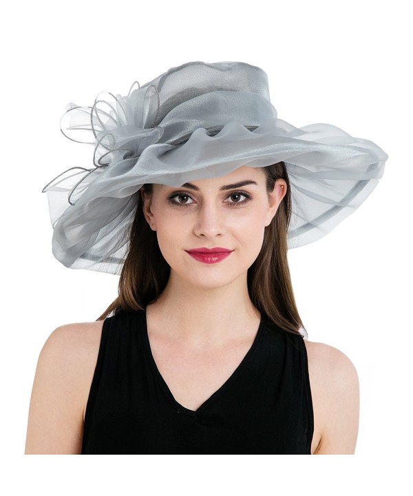 Dantiya Women's Colorful Organza Kentucky Wide Brim Bow Derby Sun Hat - Silver - C612GSWKQBN