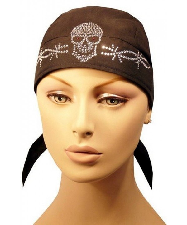 Rhinestone Skull Cap - Biker Caps Skull w/Barbed Wire on Black Headwraps - CM12ELHNA05