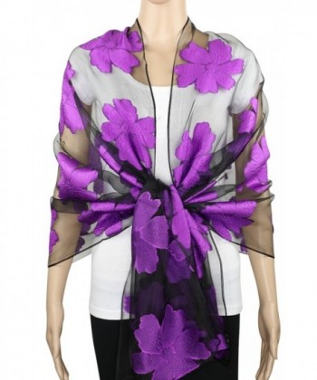 Achillea Sheer Burnout Scarf Shawl Beach Cover-up w/ Embroidered Floral Pattern - Floral Purple - C6183NNYMRG