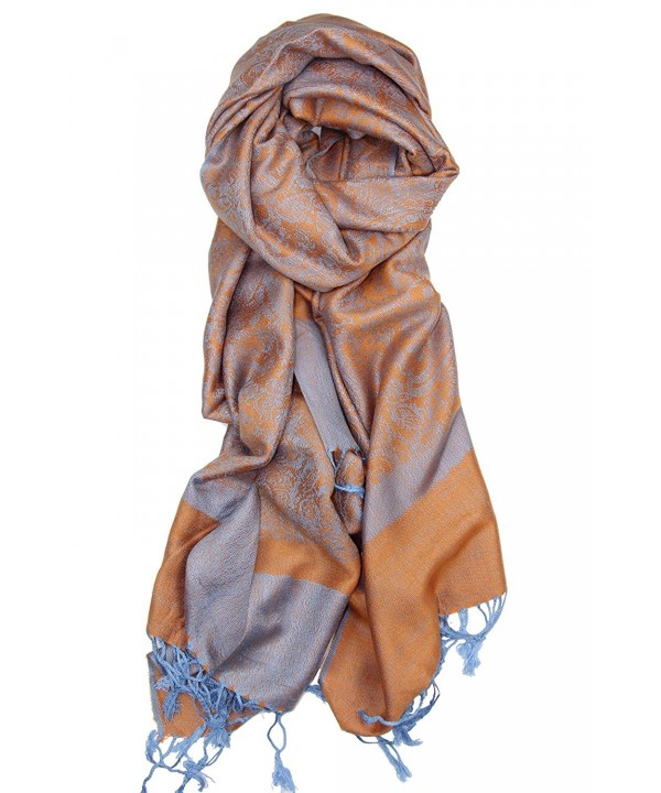 Achillea Two Tone Vintage Jacquard Paisley Pashmina Shawl Wrap Scarf - Orange Light Blue - C8185LLYY7G