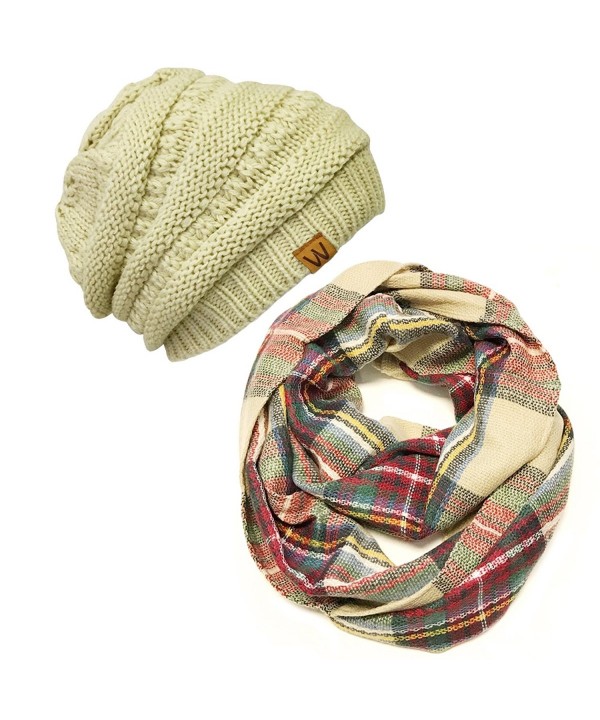 Wrapables Plaid Print Infinity Winter Scarf and Beanie Hat Set- Red and Green - CU12ODYPI8C