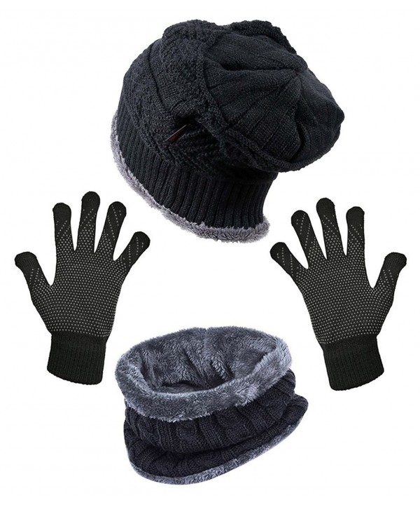 HindaWi Slouchy Beanie Scarves Mittens - Hat+ Scarf+ Gloves (Black) - CF1805YUCQZ