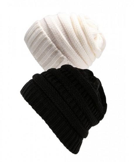 Echo Paths Unisex Knit Winter Warm Cozy Chunky Cable Slouchy Skully Beanie Thick Hat - Black and White - CH184YLXRIN