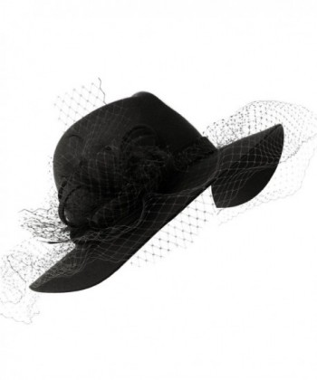 Winter 100% Wool Felt Netting Overlay Fedora Floppy Wide Brim Derby Hat - Black - CA12830YD0X