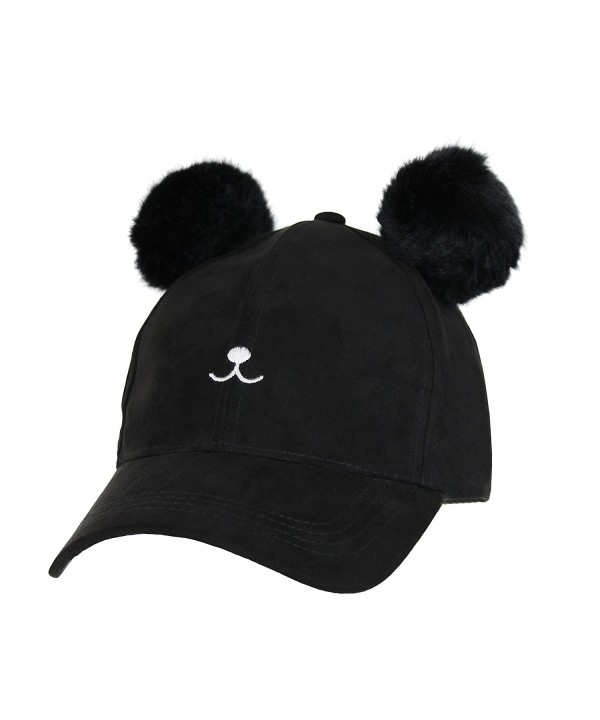 The Cat's Meow: Cute Kitty Ears Vegan Suede Dad Cap- Double Pom Pom Baseball Hat - Black - CM186I56Y54