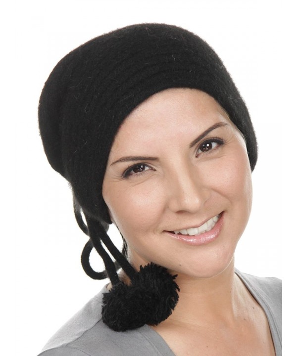 Super Soft Warm Fuzzy Angora Ribbed Bow Tie Pom Pom Slouchy Cancer Beanie Chemo Winter Hat - 02- Black Angora - C912N14PSEC