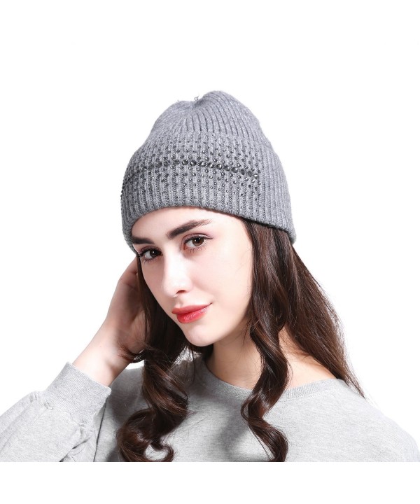 JOOWEN Women's Wool Knit Fold Over Beanie Embellished with Rhinestones Winter Hat - Grey - C9187GOEH3D