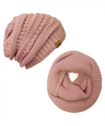 ALLYDREW Thick Knitted Winter Infinity Circle Scarf and Slouchy Beanie Set - Pink Petal - C2186KWX0XW